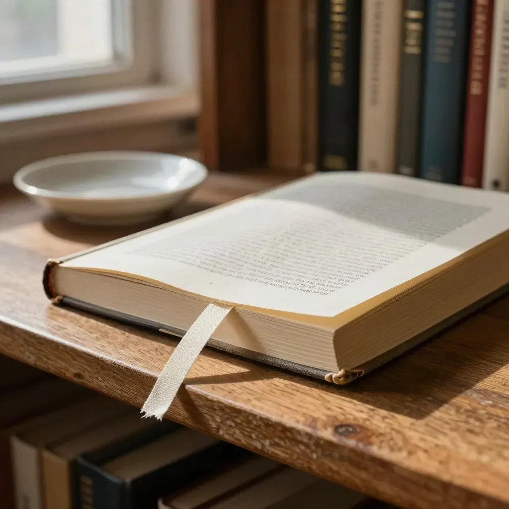 Öppen bok på secondhandhylla med bokmärke, keramisk skål och mjuk lampreflex.
